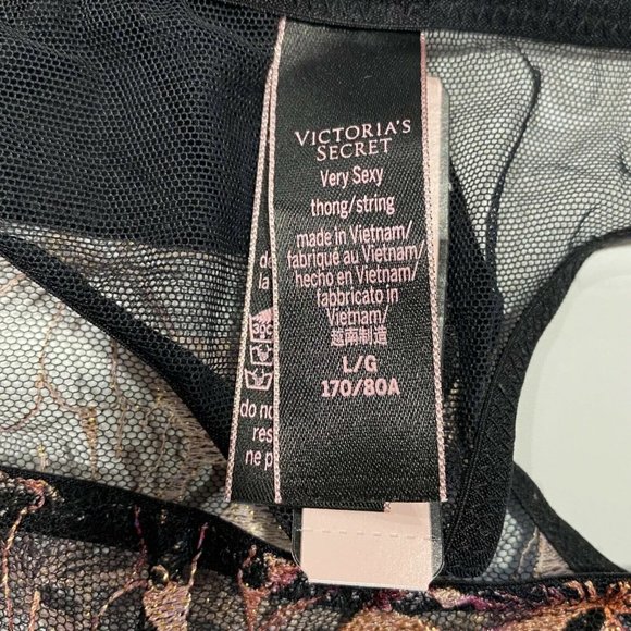 NWT VICTORIA'S SECRET Very Sexy Thong Sz LARGE Black Mesh Lace Metallic Floral - Picture 6 of 7